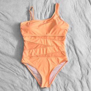 Womens Size Medium One Piece Padded Bikini Swim Suit Mesh Cut Out Neon Vacation